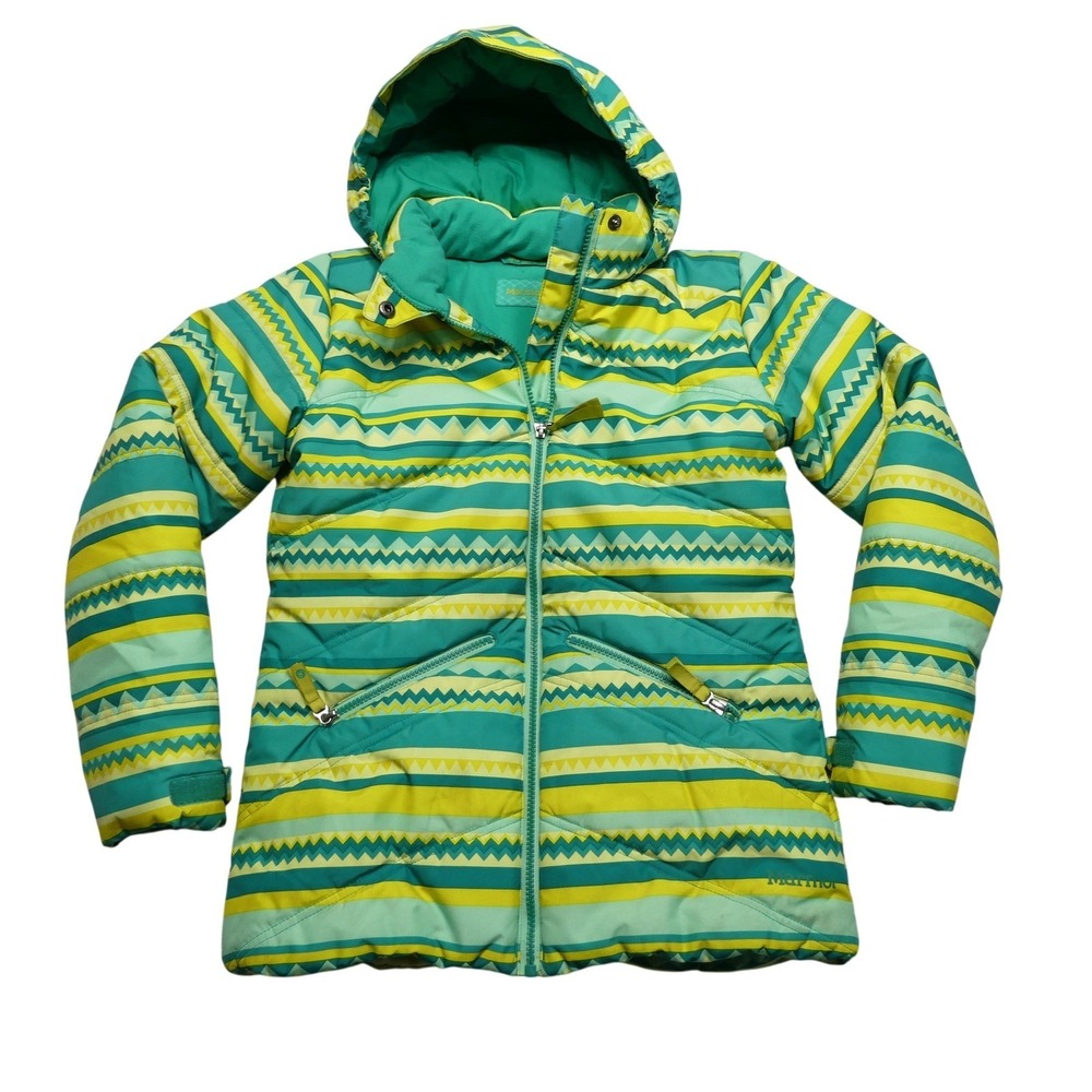 Marmot Jacket Kids Large Green Yellow Stripe Hooded Puffer Full Zip‎ Winter Ski